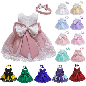 Cute Lace Bow <b>Headband</b> Princess Formal 1 Year <b>Baby</b> Girl Birthday Dresses for Kids - Product Image 1
