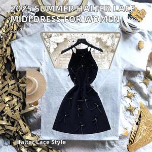 2025 Summer Sustainable Bow Woven Breathable <b>Roman</b> Halter Tunic Casual Midi <b>Dress</b> for Women Empire 3D Beaded Lace - Product Image 2