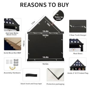 Cadre de présentation en bois massif noir mat 3x5 pour drapeau, type boîte à ombre, avec doublure en feutre, pour drapeau américain plié, certificat et objets commémoratifs - Product Image 3