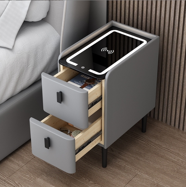 Nightstand Touch Sensing Led Light Smart Bedside Cabinet With Wireless Charger Speaker Design Fingerprint Lock Bedside Table