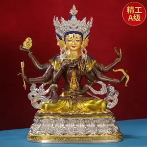 Tembaga Murni antik berlapis emas perak menang Dekorasi Buddha Ibu Buddha 10 inci Tantra Tibet dua kursi Taro Buddha