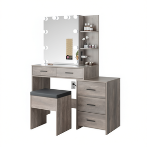 Juego de tocador de maquillaje FCH en chapa de triamina gris con espejo iluminado y cajones de almacenamiento para dormitorio - Product Image 1