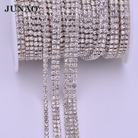 JUNAO 1 2 3 filas 10 yardas cristal transparente diamantes de imitación cadena costura SS12 Sil Ver cristal ajuste para joyería vestido