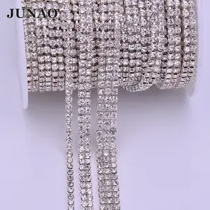 JUNAO 1 2 3 satırlar 10 Yard şeffaf cam Rhinestones zincir dikiş SS12 Sil ver kristal Trim takı elbise