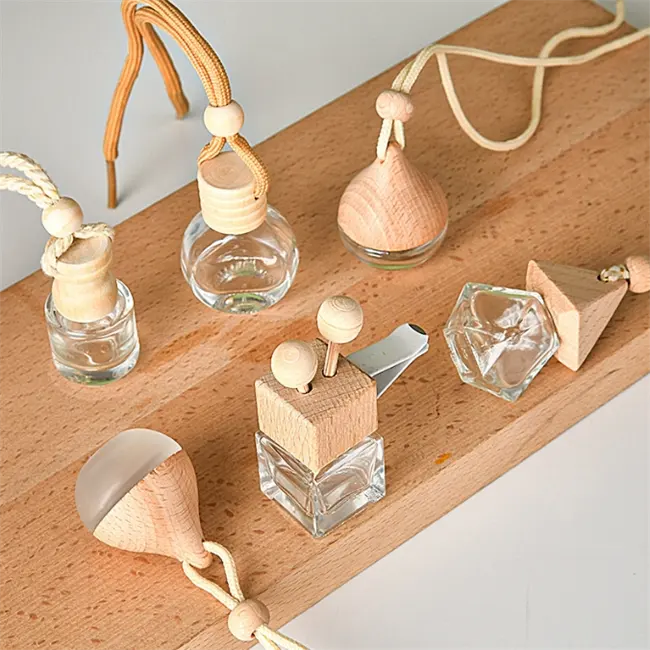 5ml 8ml 10ml Air Freshener Ornament Hanging Diffuser Bottle Wooden Cap Empty Car Perfume Glass Bottle