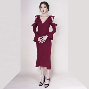 Dames Hors épaule Profonde V Cou Manches Longues Sexy Sirène Cocktail Boutique Volants Robe de Bandage - Product Image 4