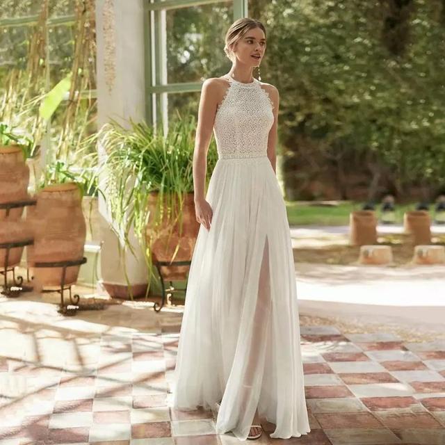 Wedding Dress for Brides Bridal Gowns Lace Bride Bohemian Style Elegant Sleeveless Halter-neck Leg Split