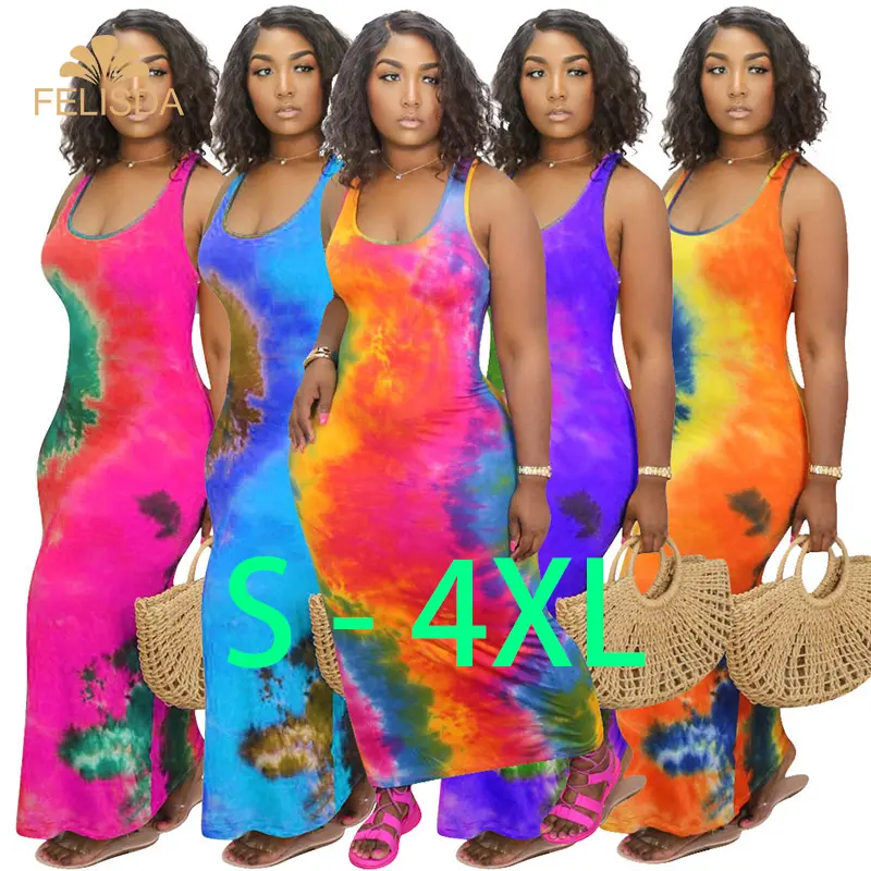 New Products Tie Dye Print Sleeveless Bodycon Midi Maxi Tank Tee Dress Fashion Beach Long Plus Size Dresses