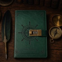 Carnet en cuir PU rétro personnalisé avec cadenas à combinaison, sangle en forme de roue de bateau, ligné, vert antique, gaufré, bloc-notes pour une écriture sécurisée