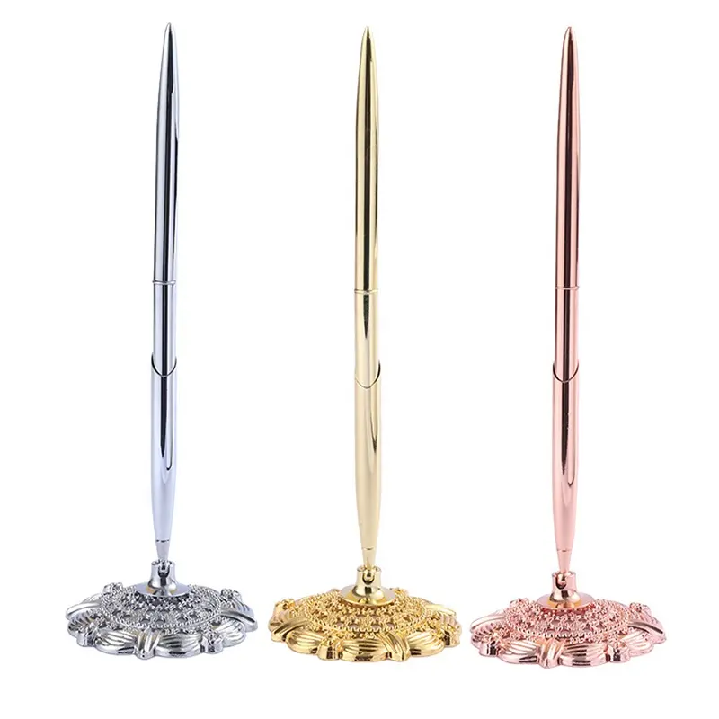 Custom Gold Silver Hollow Round Pen Holder Signing Pen Set for Wedding Bridal Engagement Guests Book Valentine's Day Favor