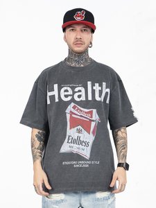 Camiseta de hombre lavada de gramaje alto con estampado de letras, oversize, cuello redondo, manga corta, estilo streetwear para primavera y verano - Product Image 1