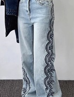 Jean large taille haute pour femme avec strass scintillants et broderie en dentelle sur les côtés, disponible en deux couleurs, commande en gros