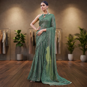 Vestido de Trabajo Recto de Satén Verde Polvoriento con Cuentas - Elegante Saree con Lentejuelas y Cristales para Mujer - Product Image 1