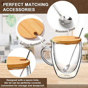 Offre Spéciale : Tasses à café isothermes en verre à double paroi avec poignée, couvercles en bambou, résistantes à la chaleur, et tasses à thé avec soucoupes pour expresso - Product Image 3