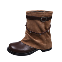 Bottes mi-mollet souples pour femmes, bout rond, semelle plate, boucle, sangle tressée, bottes de style western, 2 couleurs