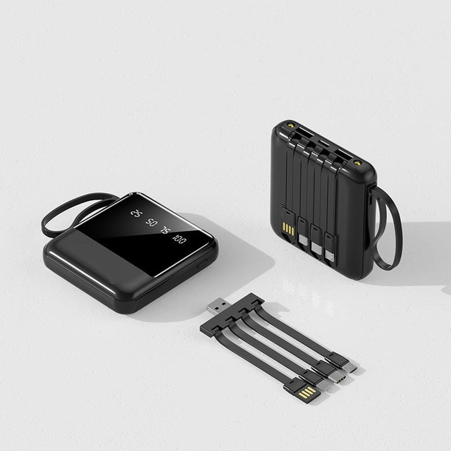 Mini 10000mAh Power Bank Charger with LED Light and 4 Built-In Cables Portable Outdoor Power Banks for Phone Display 10000mAh