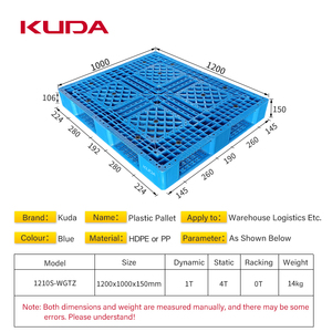 KUDA 1210S-WGTZ Paleta de plástico Paleta gruesa de alta resistencia 14kg HDPE o PP Nuevo material Paleta de grado industrial 1200x1000x150mm - Product Image 3