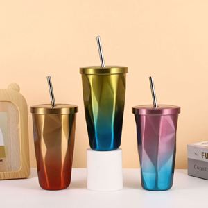 New Travel Straw Reusable Tumbler With <b>Hot</b> and Cold Double Wall <b>Drinking</b> Cups Coffee Mugs 16Oz Irregular Cup With Lid - Product Image 5