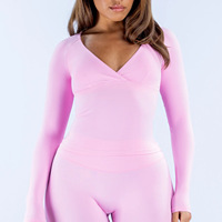 Haut de sport sexy à col en V croisé, léger, grande taille, manches longues, avec coussinets de poitrine amovibles, coupe courte, pour femme, vêtement de fitness