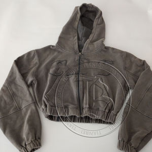 2026女式两件套裁剪连帽衫套装XS码高领罗纹水洗运动服定制标志字母图案加运动服 - Product Image 4