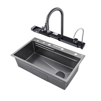Évier de cuisine moderne intelligent à cuvette unique en acier inoxydable Nano noir nid d'abeille LED clé de piano robinet cascade accessoire pour maison intelligente