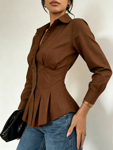 Blusa Casual de Mujer con Solapa, Volantes, Manga Larga, Cintura Fruncida y Plisada, Ajuste Delgado - Product Image 2