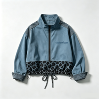 Veste Courte Décontractée pour Filles, Coupe Vintage de Haute Qualité, Imprimé Léopard, Col Montant Contrastant, Ourlet à Cordon, Coupe-Vent