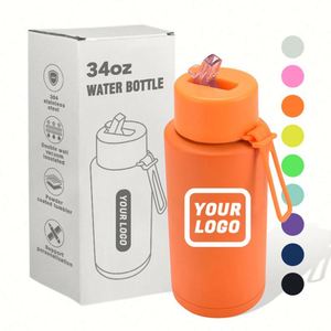 Bouteille d'eau sport en acier inoxydable à double paroi de 1000 ml avec logo personnalisé et couvercle à poignée - Product Image 1