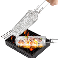 Vente chaude 2 pièces 304 panier de gril roulant de nidification extérieur en acier inoxydable avec manche en bois