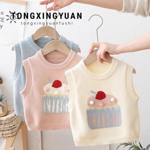Girls Knitted Vest Cartoon Cupcake Design Cotton Sweater Sleeveless For Children Autumn Wear Pink Off White Blue - Product Image 2