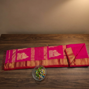 Tissu indien traditionnel rose du temple de Ram Maheshwari, tissé à la main, textile ethnique pour sari, vêtements et tenues de fête - Product Image 1
