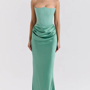 Vestido Largo sin Tirantes, Elegante, Dulce, Vintage, Transpirable, Color Verde Salvia Sólido, Ajuste Regular, Cintura Alta con Vuelo - Product Image 1