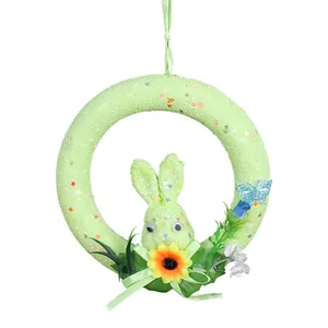 19*19厘米闪亮的复活节圆形泡沫花环挂绳兔子摆件套装人造复活节兔子花圈派对装饰