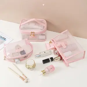 3 PCS Waterproof Mesh Trendy Transparent Cosmetic Plastic Bag EVA With Handle Wash Bag For Girls