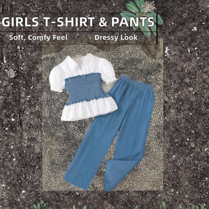 Elegante Set di Abbigliamento Formale per Bambine, T-Shirt e Pantaloni Larghi in Poliestere/Cotone, Autunno/Estate - Product Image 2