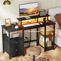 Escritorio de Oficina Ecológico y Duradero con Luces LED, Tomas de Corriente, 4 Cajones, Archivador de Tela, Estantería y Mesa de Estudio/Trabajo