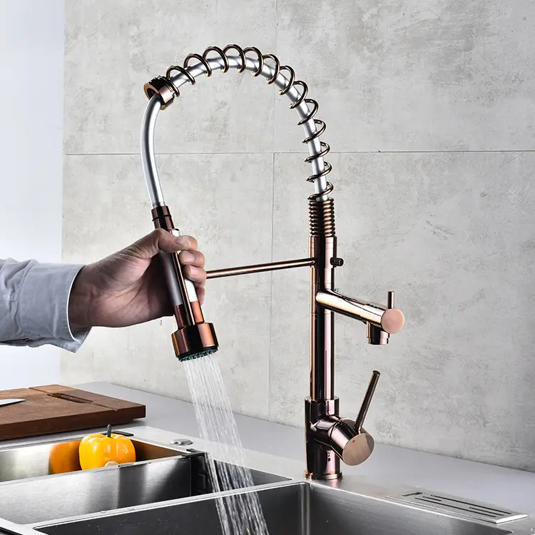 Zeitgenössische Feder Einhand Pull Down Spray Messing Sanitär keramik Roségold Küchen spüle Wasserhähne Wasserhahn Mischbatterie herausziehen