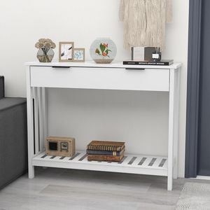 White Modern Narrow <strong>Console</strong> <strong>Table</strong> <strong>with</strong> <strong>Storage</strong>, Wood Entryway <strong>Table</strong> <strong>with</strong> Drawer, Sofa <strong>Table</strong> for Living Room, Hallway, Corridor - Product Image 5