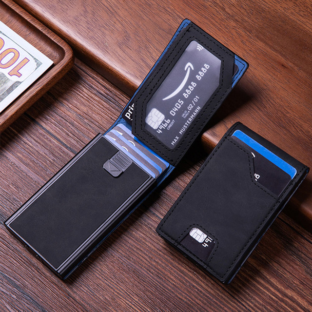 Smart RFID Blocking Pop up Wallet Leather and Aluminum Slim Card Holder for Men With Money Clip and Secure Protection