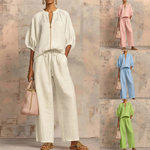 Completo Casual da <span class=keywords><strong>Donna</strong></span> OEM ODM con Colletto Alto, Maniche Corte, <span class=keywords><strong>Pantaloni</strong></span> a Gamba Larga con Coulisse, Set Due Pezzi Traspirante Effetto <span class=keywords><strong>Lino</strong></span> - Product Image 1