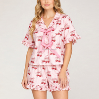 Ensemble de pyjama mignon à imprimé floral cerise pour femme, manches courtes, col à volants, short avec nœud papillon, vêtements de nuit d'été, vêtements de détente