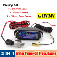 2-in-1 LCD Universal 12v24v Pengukur Tekanan Oli Truk Mobil + Pengukur Suhu Air Set Sensor Meter Indikator Tekanan Oli 10mm