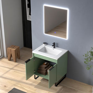 Mueble de Baño Moderno de Madera Sólida con Lavabo de Cerámica, Resistente a los Arañazos y al Agua, con Espejo LED Incluido, para Baños de Villas - Product Image 3
