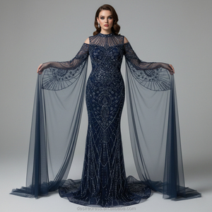 MY30195 Abito da Cerimonia Blu Formale a Maniche Lunghe con Collo Alto Stile Sirena Elegante Abito da Sera con Perline per <span class=keywords><strong>Madre</strong></span> della Sposa - Product Image 1