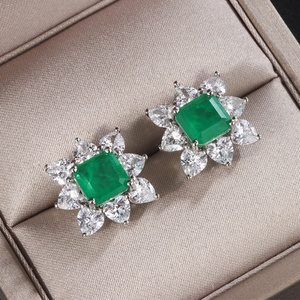 Simple Fashion Jewelry Eco-friendly Copper Silver Plated Princess Square Cut Green Zircon Floral Stud <b>Earrings</b> Women - Product Image 5