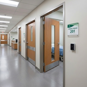 Portes de clinique en bois pré-assemblées HPS HPL, design moderne, norme CE, avec vitre, pour cliniques et hôpitaux - Product Image 4