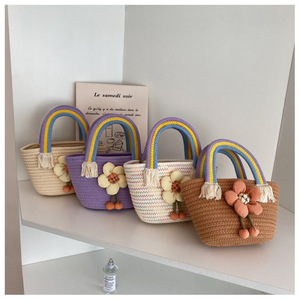 Women's Straw Handbag Off White Rainbow Handle Flower Decor Bucket Shape Everyday Fashion Trend Summer 2022 - Product Image 5