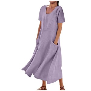 Vestido Casual Largo de Algodón y Lino de Color Liso con Manga Corta <span class=keywords><strong>para</strong></span> Mujer JAC22 M4274 - Product Image 4