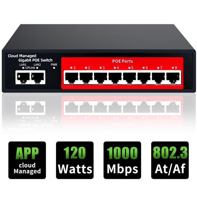 PoE Switch 8 Port Gigabit 1000Mbps Cloud Managed DC48v 20Gbps Switch Capacity QoS Stackable