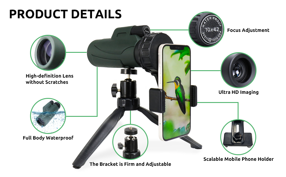 12X50 Waterproof HD Monocular Nitrogen Filled zoom portable monocular telescope BAK4 Lens Mobile Phone Telescope  factory